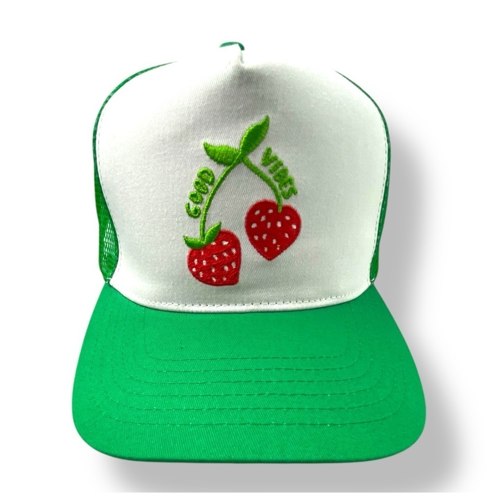 Princess Polly Good Vibes embroidered strawberry trucker hat green white red